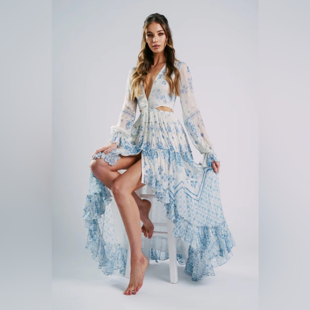 Rococo Sand Leas Long Sleeve Chiffon High Low Maxi Dress, size Small WAS $486